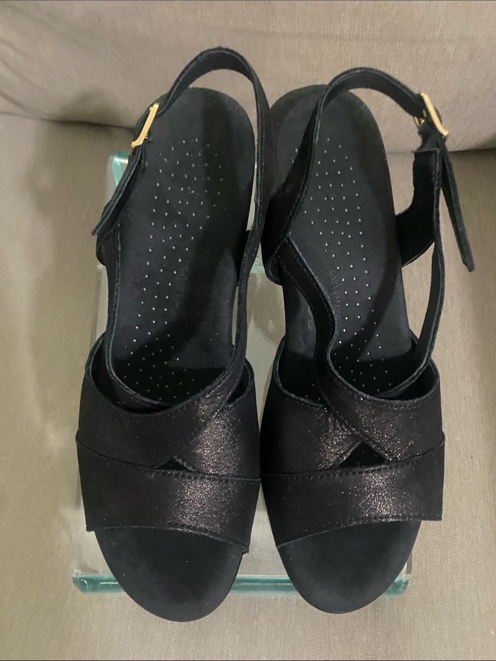 SAS Black Open-Toe Slingback Sandals with Gold Buckles